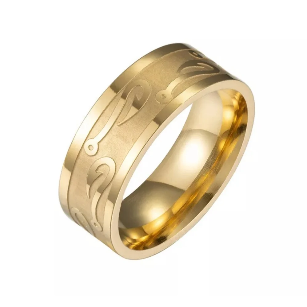 Tungsten Carbide FISHING HOOK Fisherman Angling Gold Silver Black 8mm Band Ring